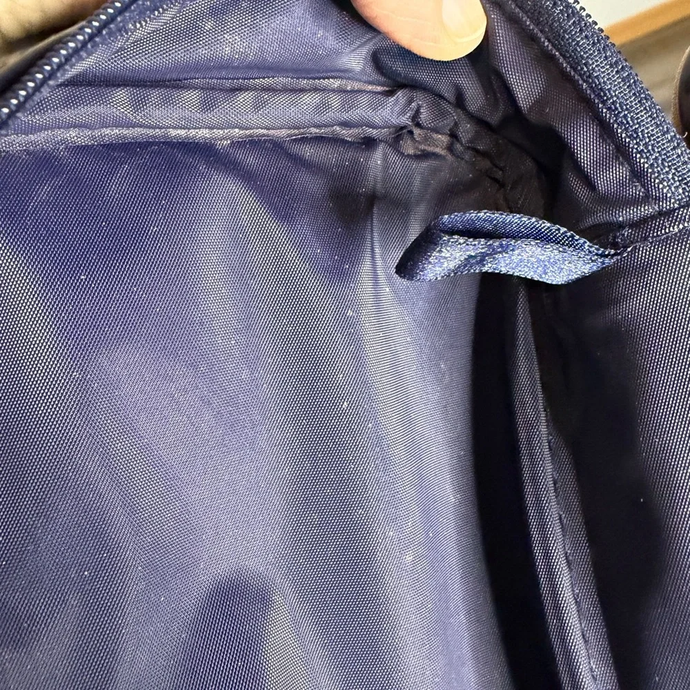 Estée Lauder Make Up Travel Bag Navy Blue Tan Rim‎ Zipper Mirror 10x5x2.5”